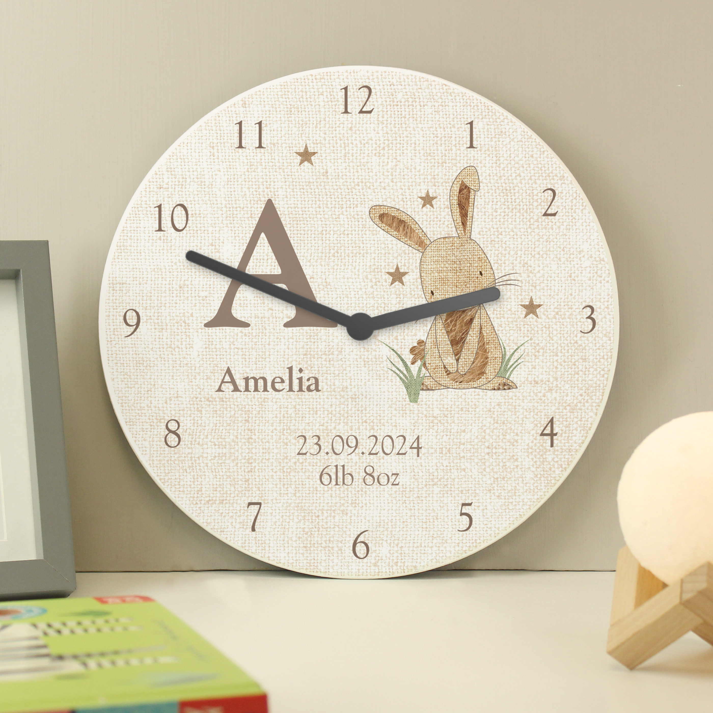 Personalised Hessian Rabbit Shabby Chic Wooden Clock