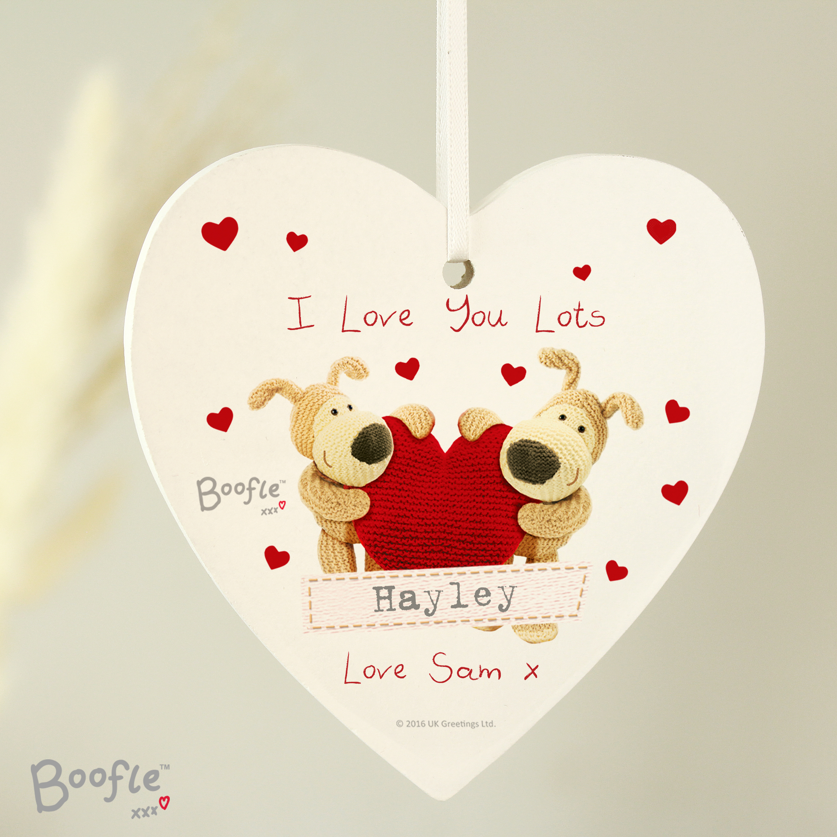 Personalised Boofle Shared Heart Wooden Decoration