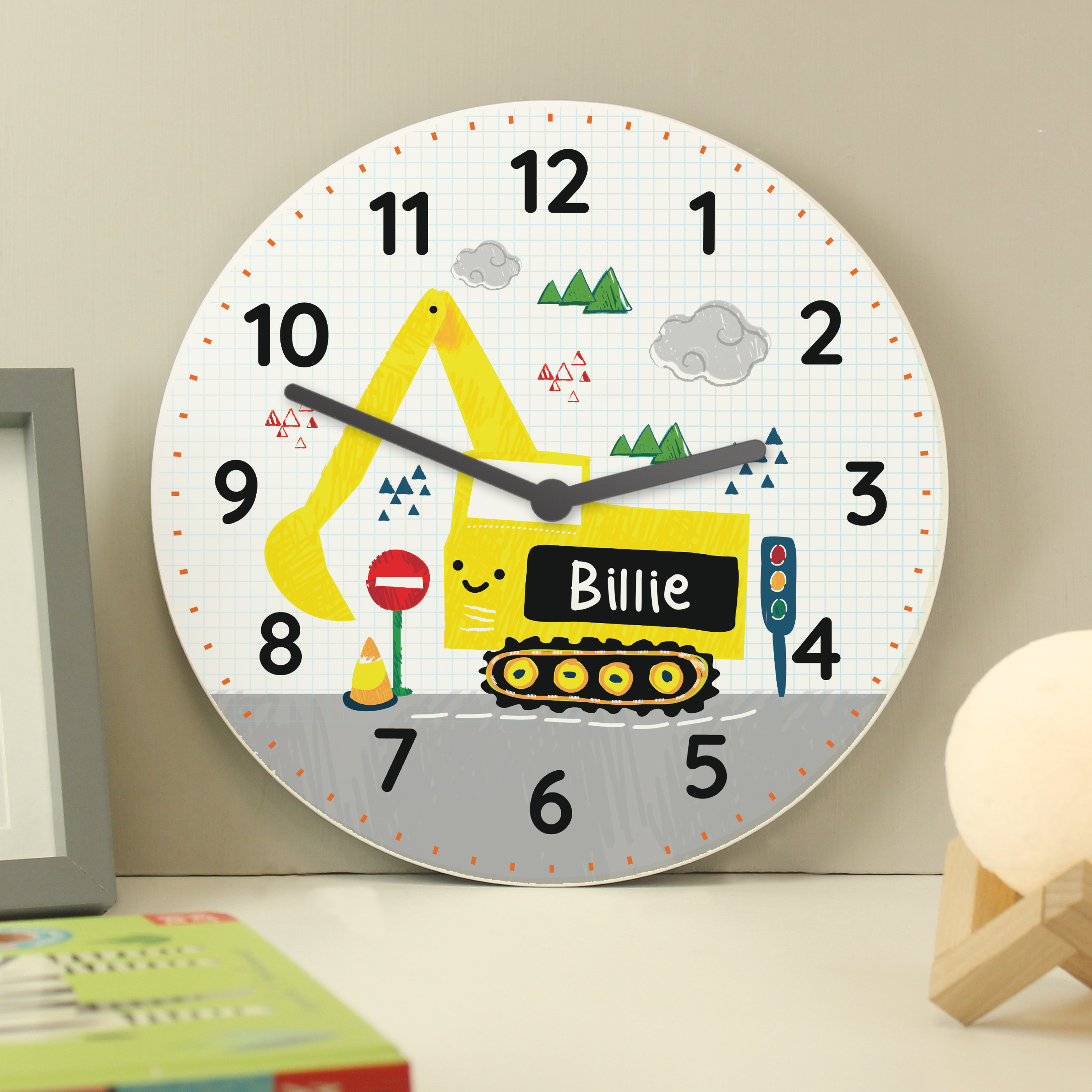 Personalised Digger Wooden Clock | Custom Nursery Gift