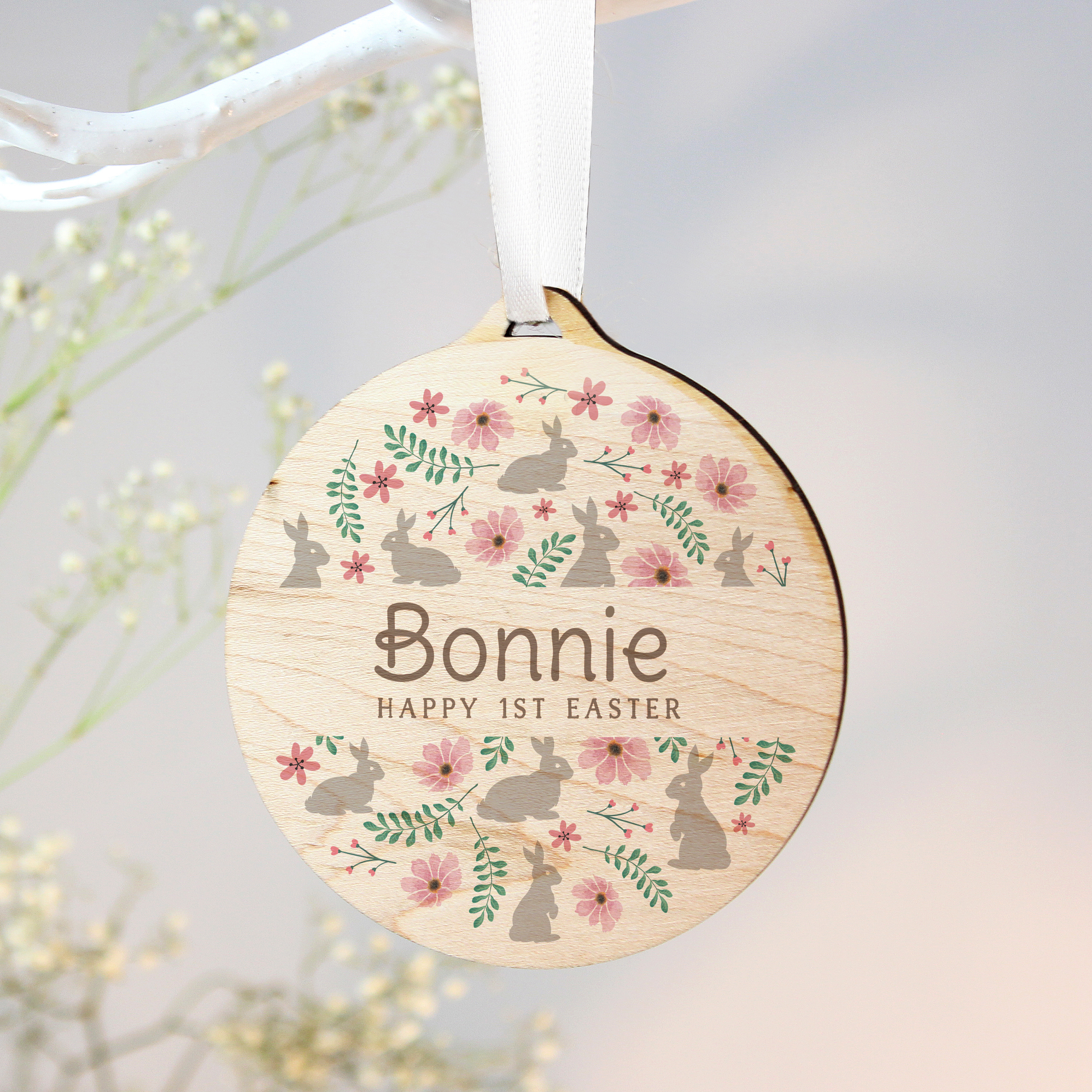 Personalised Easter Tree Decoration | Wooden Floral Ornament