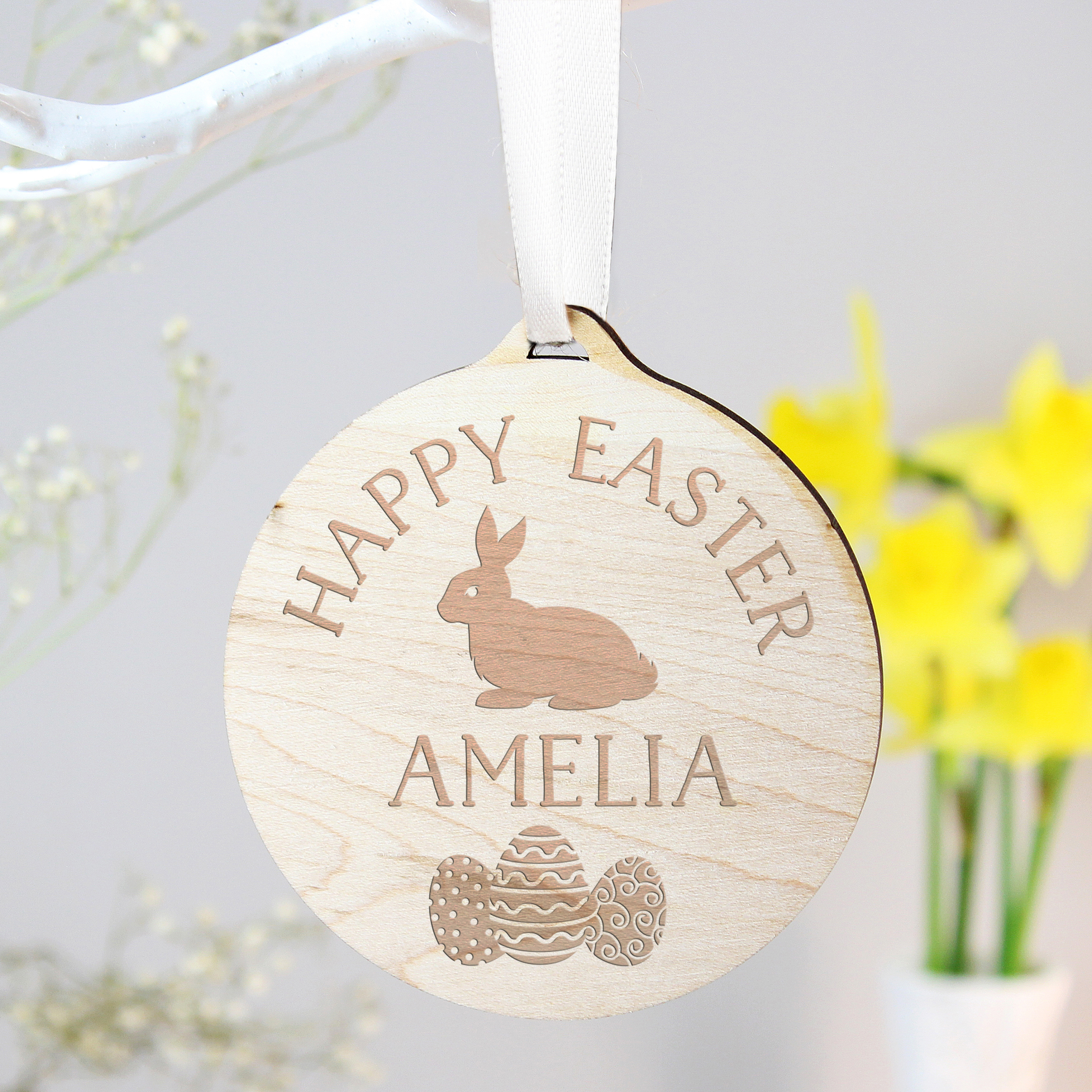 Personalised Easter Bunny Wooden Decoration | Custom Round Ornament