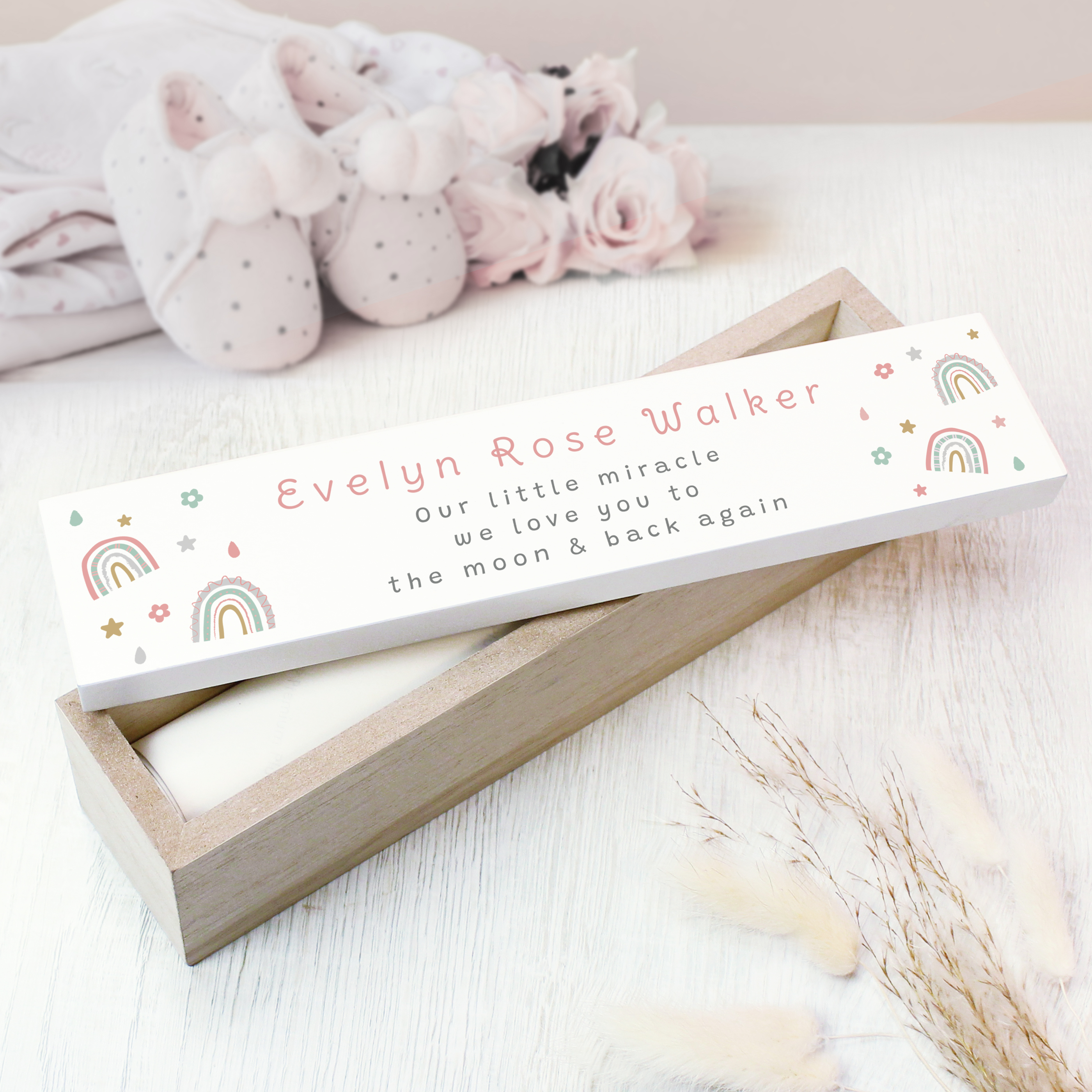 Personalised Rainbow Wooden Certificate Holder | Birth Keepsake Box
