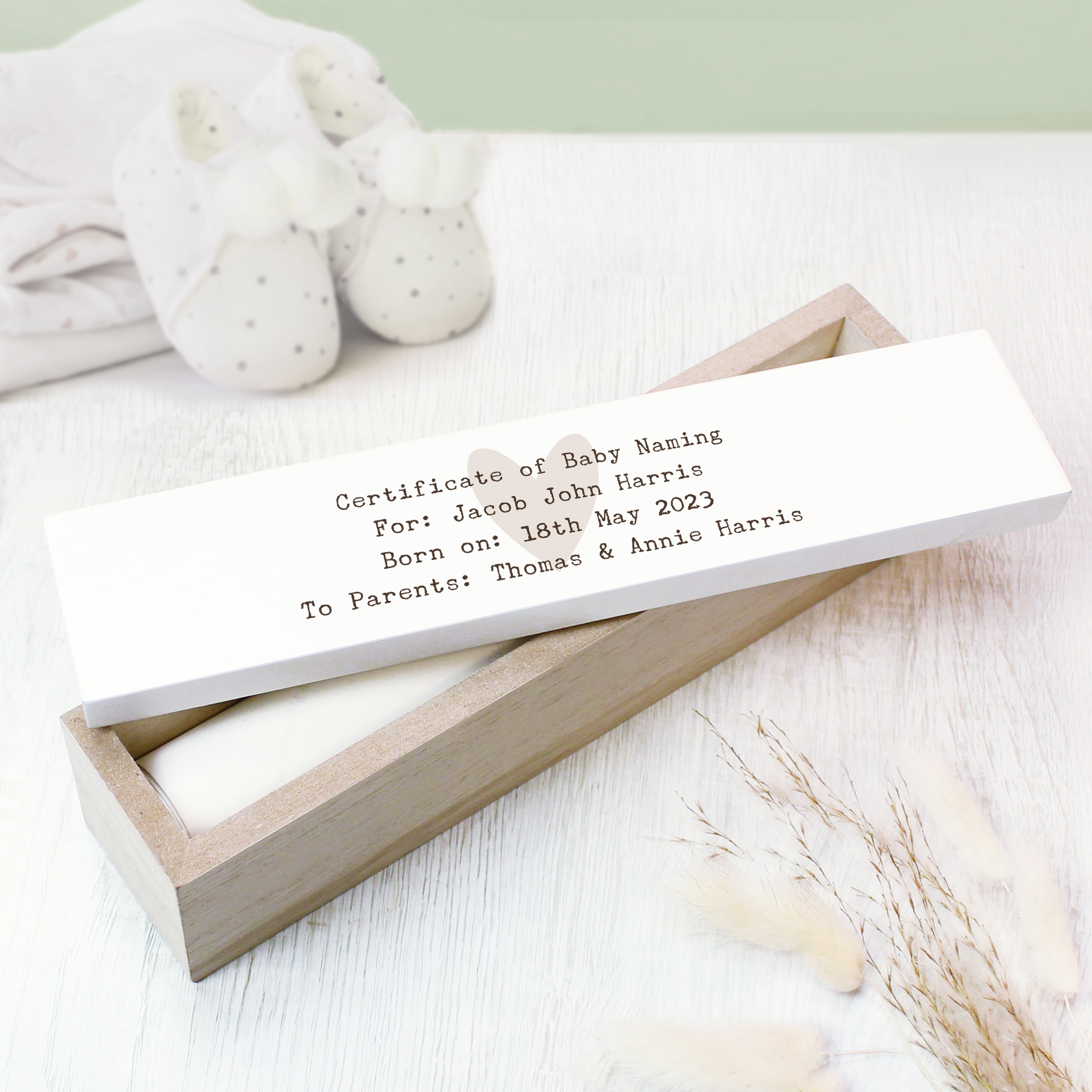 Personalised Certificate Holder | Wooden Keepsake Box with Heart Design