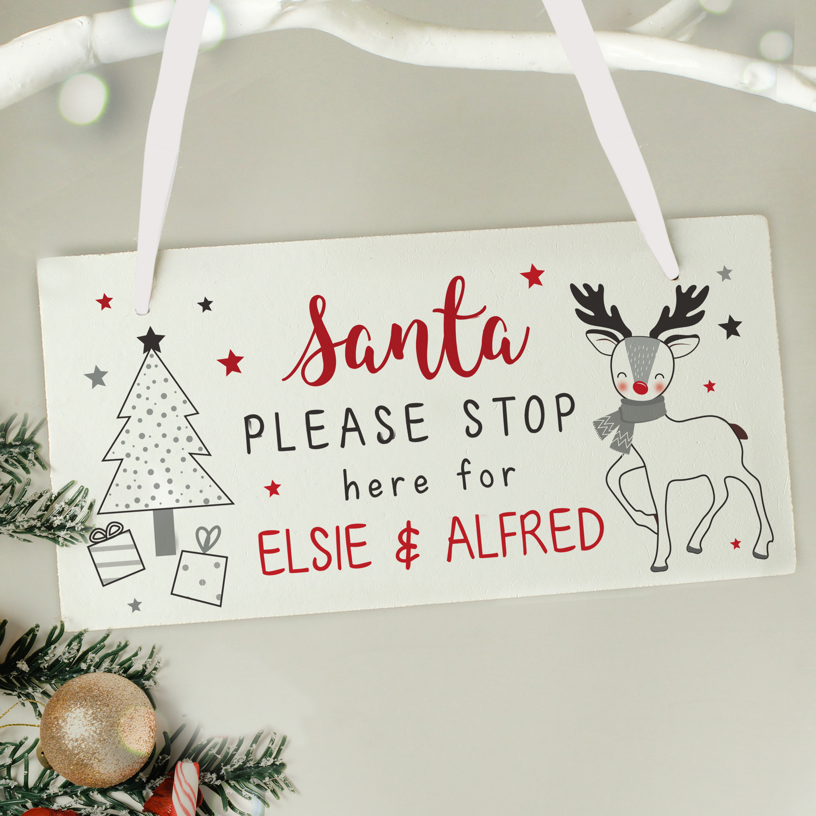 Personalised Christmas Door Sign | Santa Stop Here Wooden Decoration