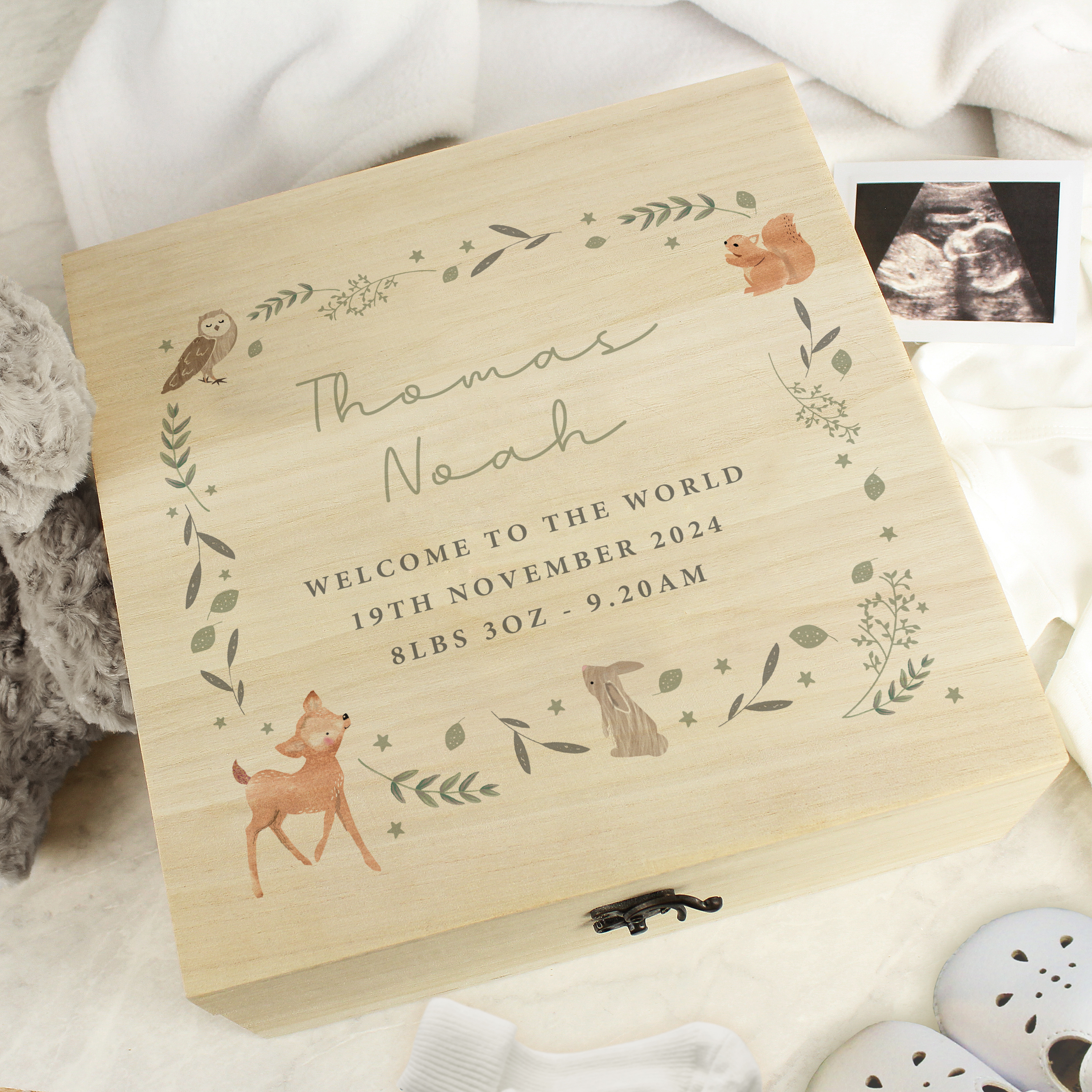 Personalised Woodland Animal Wooden Keepsake Box with Metal Clasp