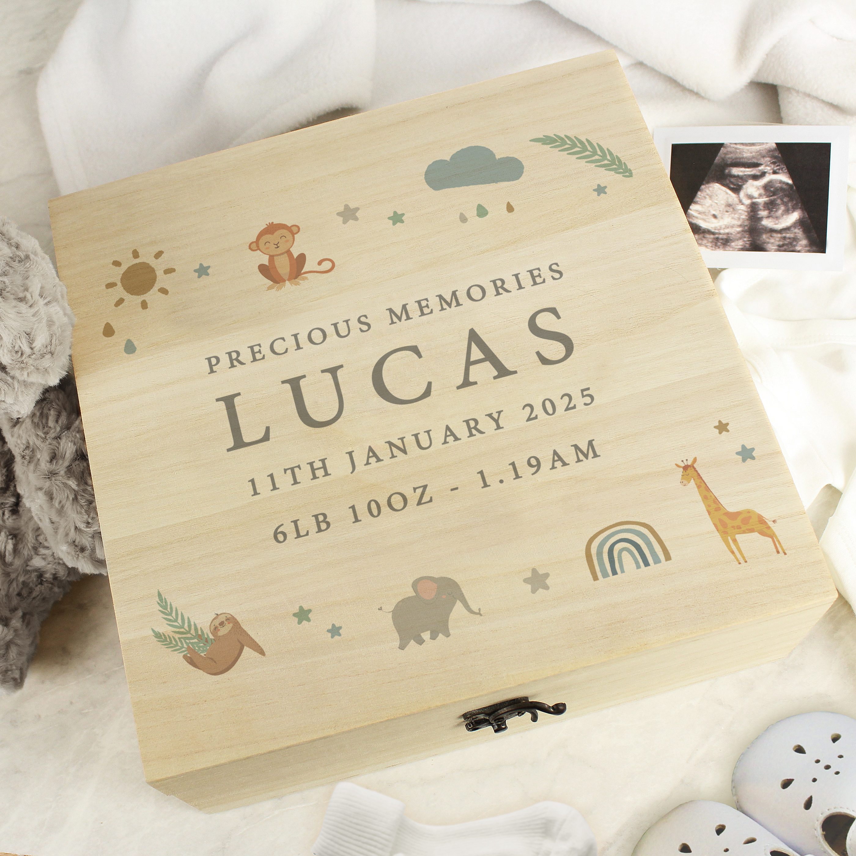 Personalised Safari Animals Wooden Keepsake Box with Metal Clasp