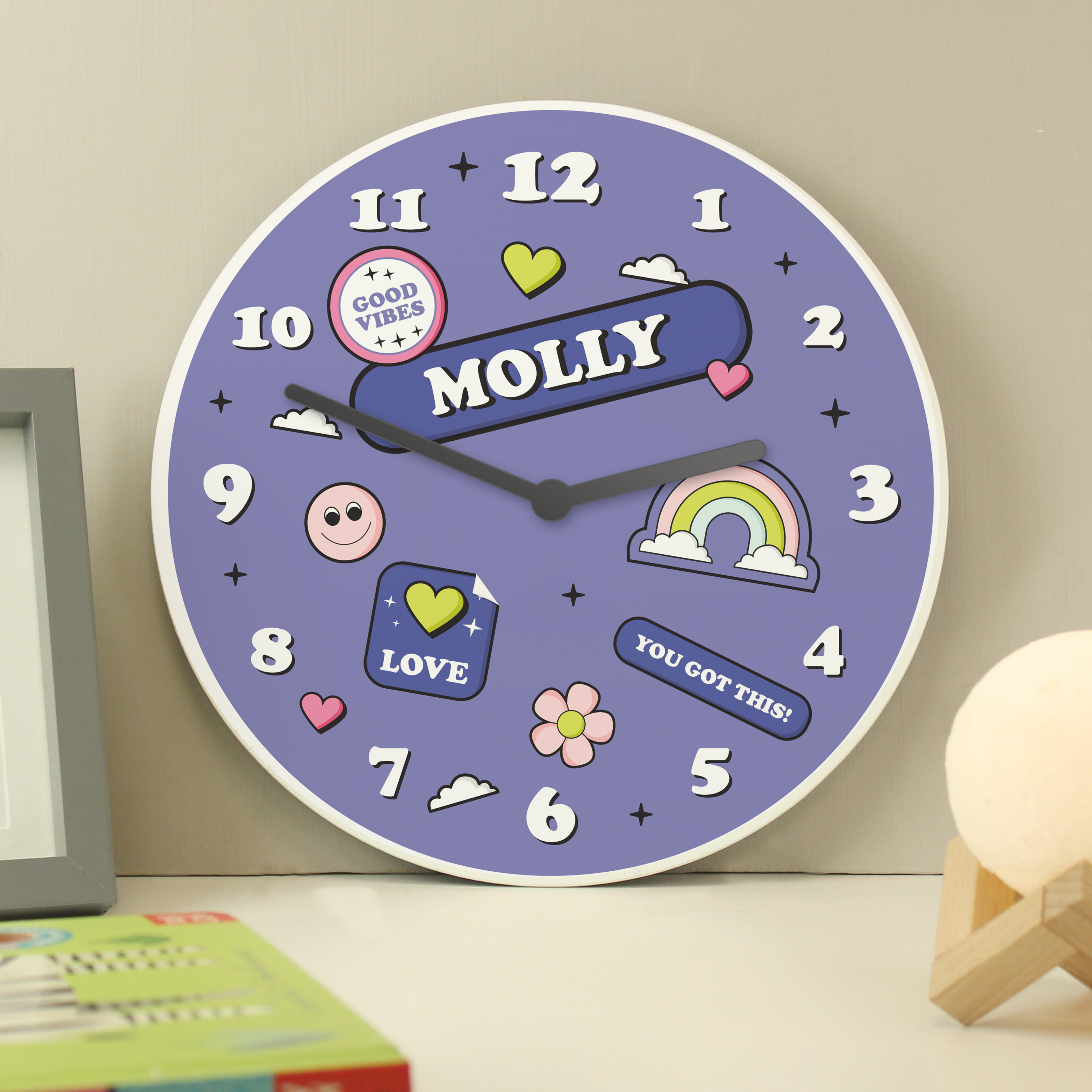 Personalised Positive Vibes Wooden Children's Clock