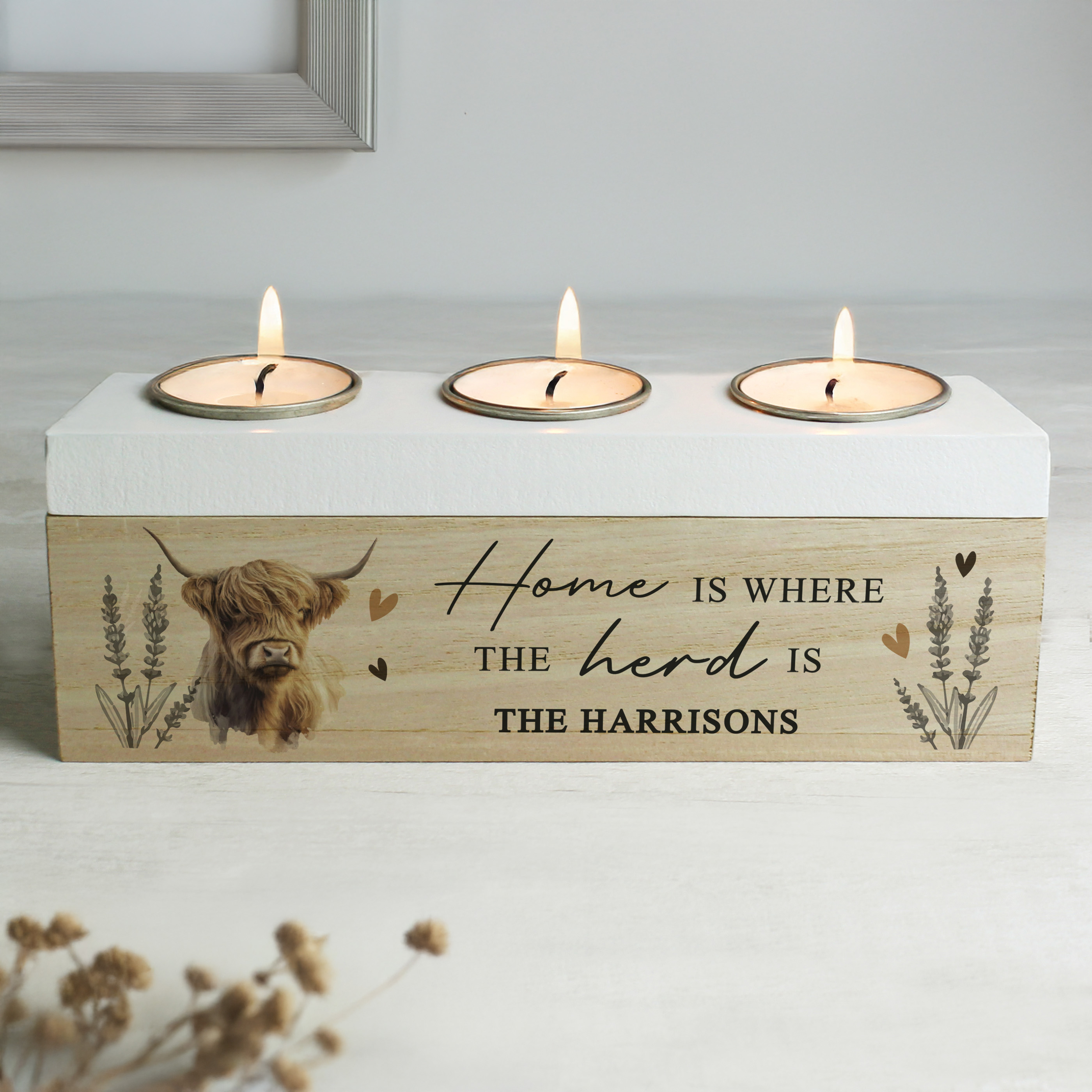 Personalised Highland Cow Triple Tea Light Box | Wooden Candle Holder