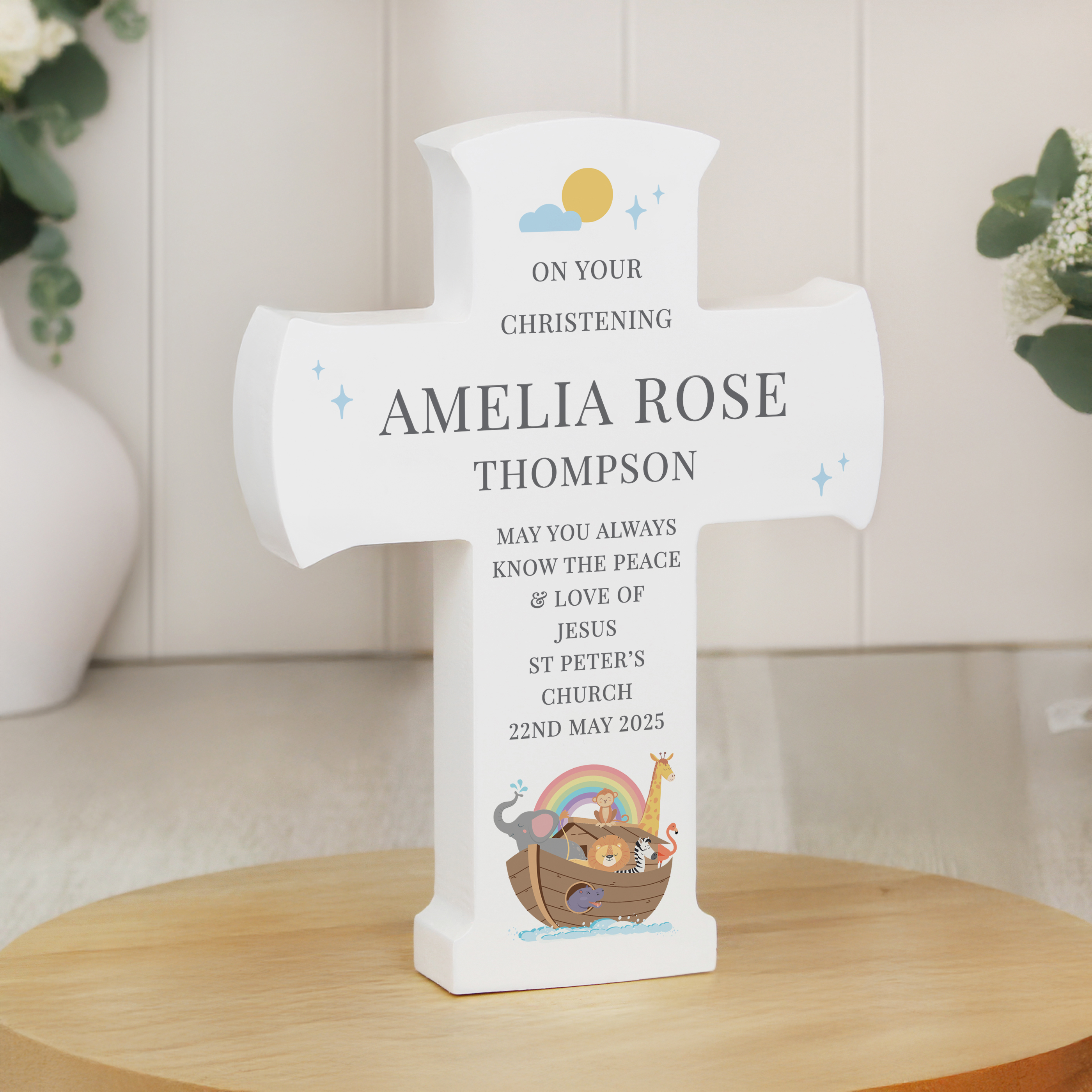Personalised Noah's Ark Christening Ornament | Wooden Cross Keepsake