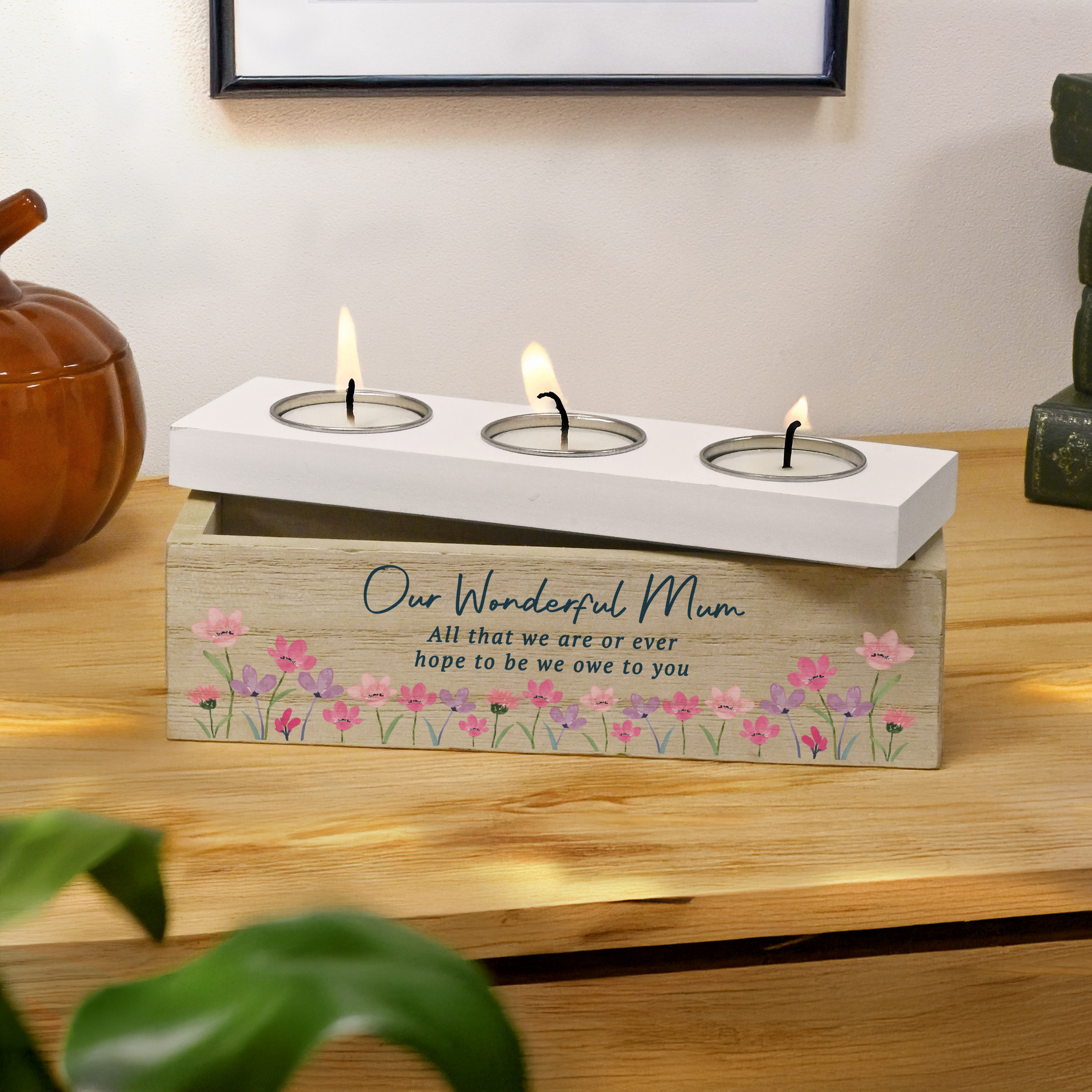 Personalised Floral Wooden Tea Light Holder Box with Custom Text