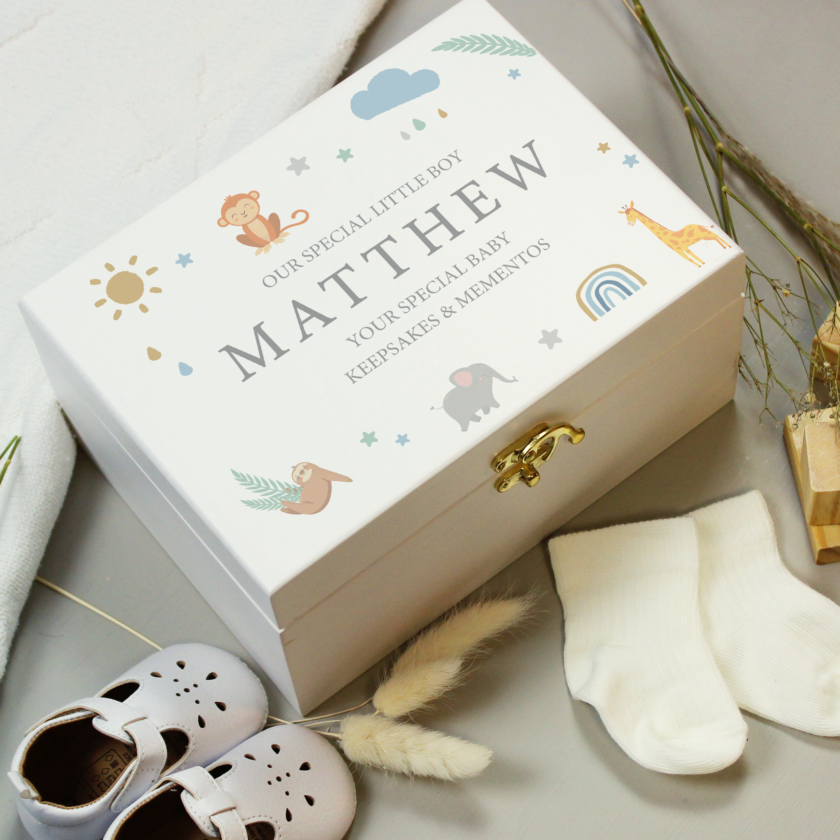 Personalised Safari Animals Wooden Keepsake Box - White Memory Box