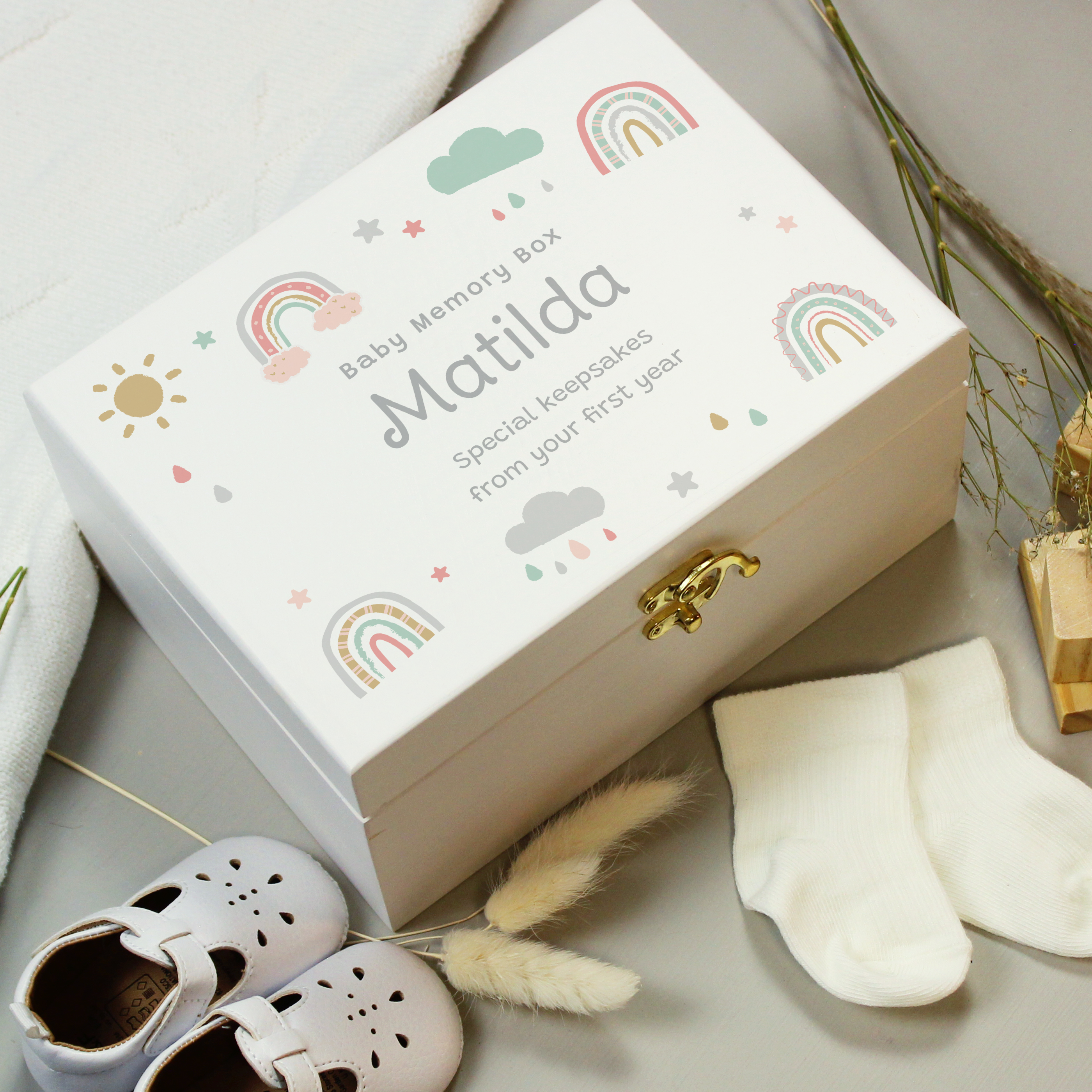 Personalised Rainbow Keepsake Box - White Wooden Memory Box