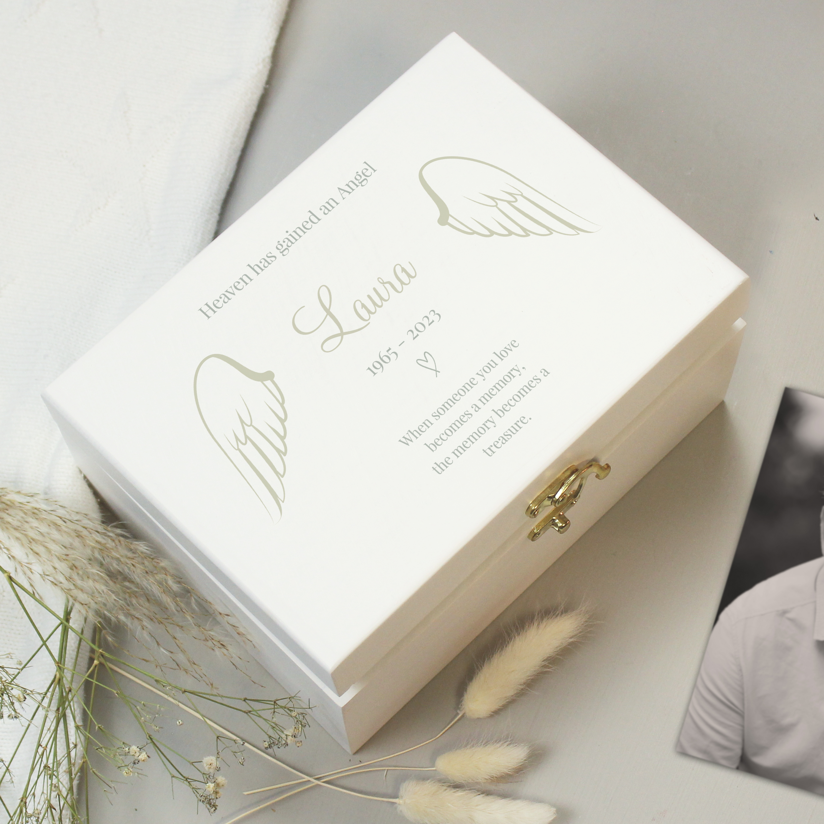 Personalised Angel Wings Memorial Keepsake Box - White Wooden