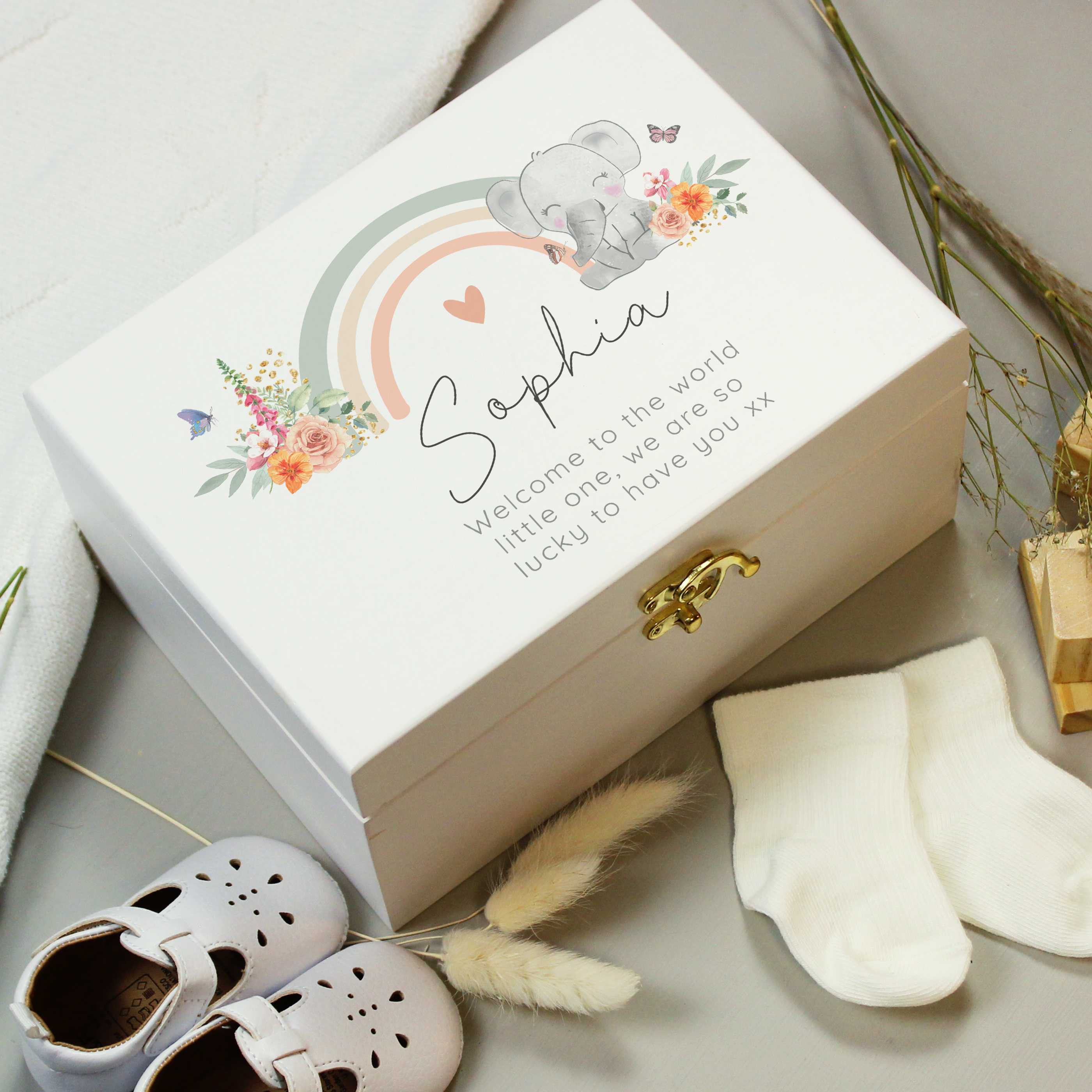 Personalised Elephant Wooden Keepsake Box with Metal Clasp